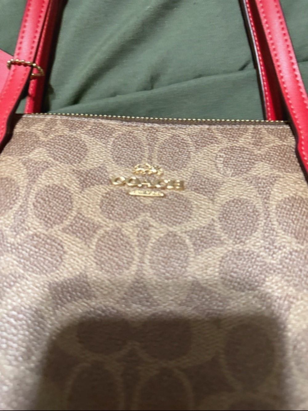 Coach Brown Signature Canvas tote bag with Red Strap